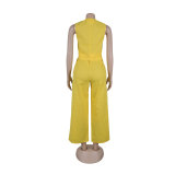 solid color V Neck Vest Wide Leg Pants two piece Set
