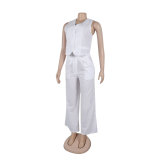 solid color V Neck Vest Wide Leg Pants two piece Set