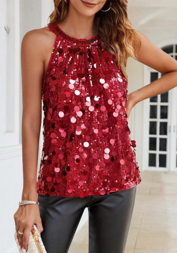 Women's Red Strap Shiny Sequined Vest Sleeveless Top