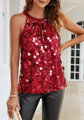 Women's Red Strap Shiny Sequined Vest Sleeveless Top