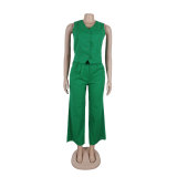 solid color V Neck Vest Wide Leg Pants two piece Set