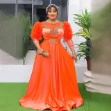 African Plus Size Women's Lace Sleeves High Waist Formal Party Evening Dresses