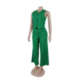 solid color V Neck Vest Wide Leg Pants two piece Set