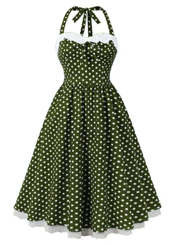 Lace Patchwork Lace-Up Halter Neck Polka Dot Low Back Retro A-Line Party Dress