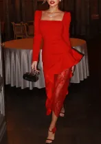 Women's Red Long Sleeve Square Neck Irregular Ruffle Lace Patchwork Dress