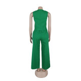 solid color V Neck Vest Wide Leg Pants two piece Set