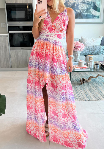 Women's Casual Print Halter Neck Lace-Up Slit Dress