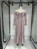Autumn winter Casual Women's Off Shoulder long sleeve Striped maxi Dress