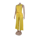 solid color V Neck Vest Wide Leg Pants two piece Set
