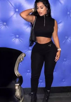 Fashionable Solid Color Zipper Sleeveless Crop Top Pants Two Piece Set