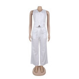 solid color V Neck Vest Wide Leg Pants two piece Set