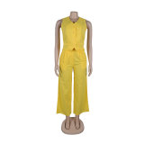 solid color V Neck Vest Wide Leg Pants two piece Set