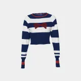 Women Round Neck Contrast Stripe Long Sleeve Crop Top