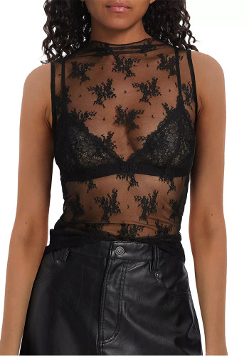 Women See-Through Lace sleeveless Top Mesh T-shirt