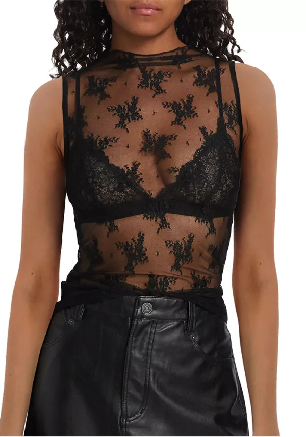 Women See-Through Lace sleeveless Top Mesh T-shirt