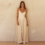 Women Suspender Dress V Neck Backless Solid Dress