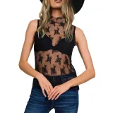 Women See-Through Lace sleeveless Top Mesh T-shirt