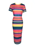Women Elegant Casual striped short-sleeved Top skirt Two Piece Set