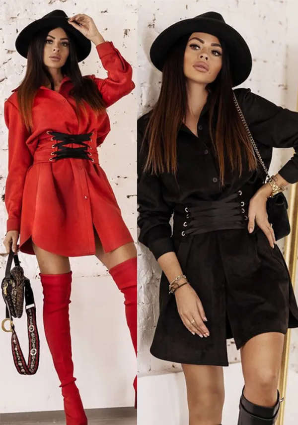 Women Turndown Collar Long Sleeve Solid Dress