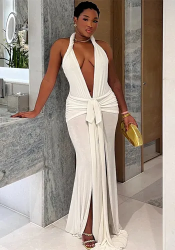 Women Solid Sexy Sleeveless Halter Neck Lace-up Backless Slit Dress