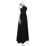 Women Suspender Dress V Neck Backless Solid Dress