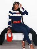 Women Round Neck Contrast Stripe Long Sleeve Crop Top