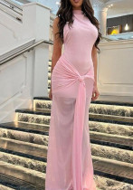 Women Summer Sexy Ribbon Half High Neck Sleeveless Dress