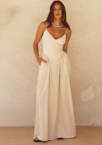 Women Suspender Dress V Neck Backless Solid Dress