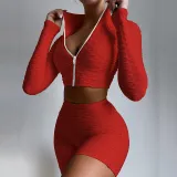 Women Casual Long Sleeve Top and Shorts Sports Running Fitness Two Piece Set