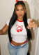 Women Spring Summer Round Neck Cherry Print Contrast Crop Top