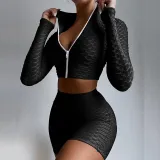 Women Casual Long Sleeve Top and Shorts Sports Running Fitness Two Piece Set
