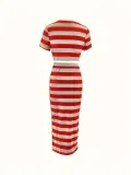 Women Elegant Casual striped short-sleeved Top skirt Two Piece Set