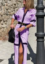 Women Spring Turndown Collar Long Sleeve Striped Dress