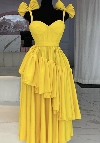 Women spring bow suspender v-neck ruffle dress