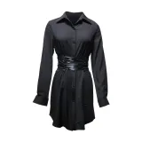 Women Turndown Collar Long Sleeve Solid Dress