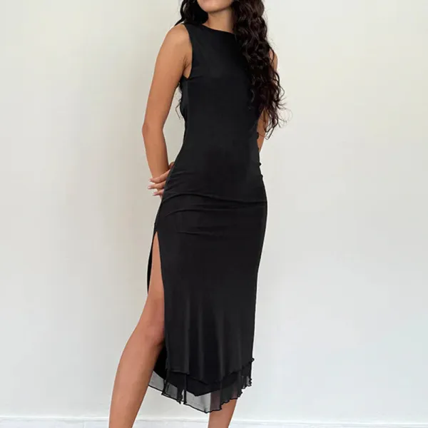Women Spring Summer Sexy Backless Slit Sleeveless Dress
