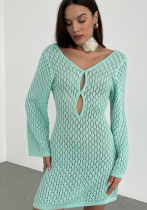 Women beach dress Solid sexy Backless Knitting hollow dress