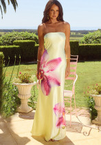Women Strapless Hollow Backless Flower Print Dress