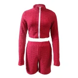 Women Casual Long Sleeve Top and Shorts Sports Running Fitness Two Piece Set