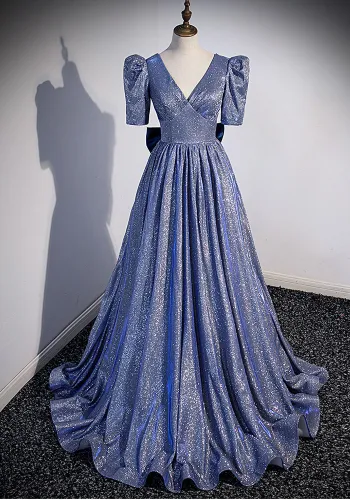 Women V-neck starry sky gradient blue evening dress（Processing time need 3-6 days）