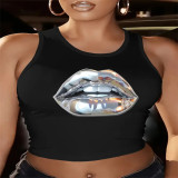 Women American sexy Round Neck Halter Neck sleeveless Letter print Crop Top