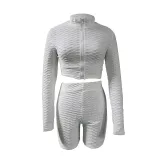 Women Casual Long Sleeve Top and Shorts Sports Running Fitness Two Piece Set
