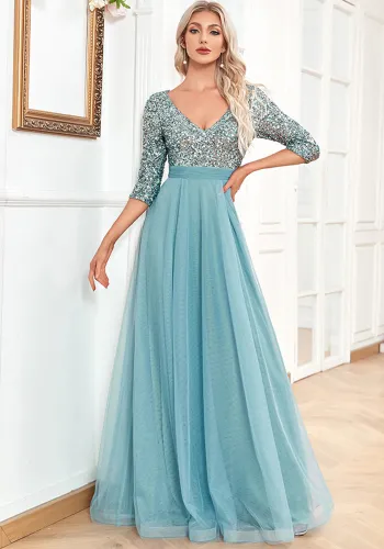 Women v-neck short-sleeved sequined elegant prom party evening dress
