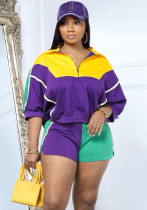Women Color Block Patchwork Top and Shorts Two Piece Set