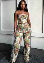 Women sexy lace-up chest wrap tassel Top and trousers jacquard Two Piece Set