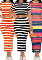 Women Elegant Casual striped short-sleeved Top skirt Two Piece Set