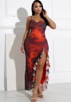 Women Pleated Slit Printed Irregular Dress