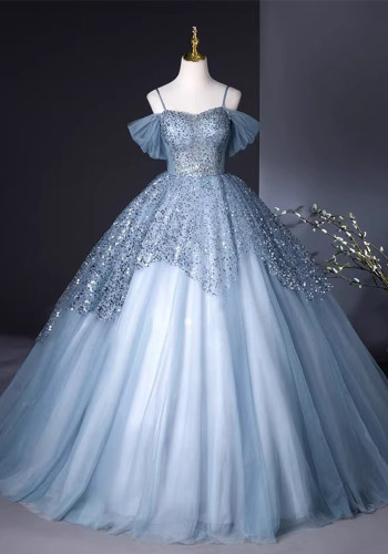 Women spring Off Shoulder annual meeting colored yarn evening dress（Processing time need 3-6 days）