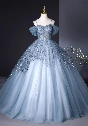 Women spring Off Shoulder annual meeting colored yarn evening dress（Processing time need 3-6 days）