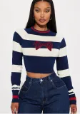 Women Round Neck Contrast Stripe Long Sleeve Crop Top